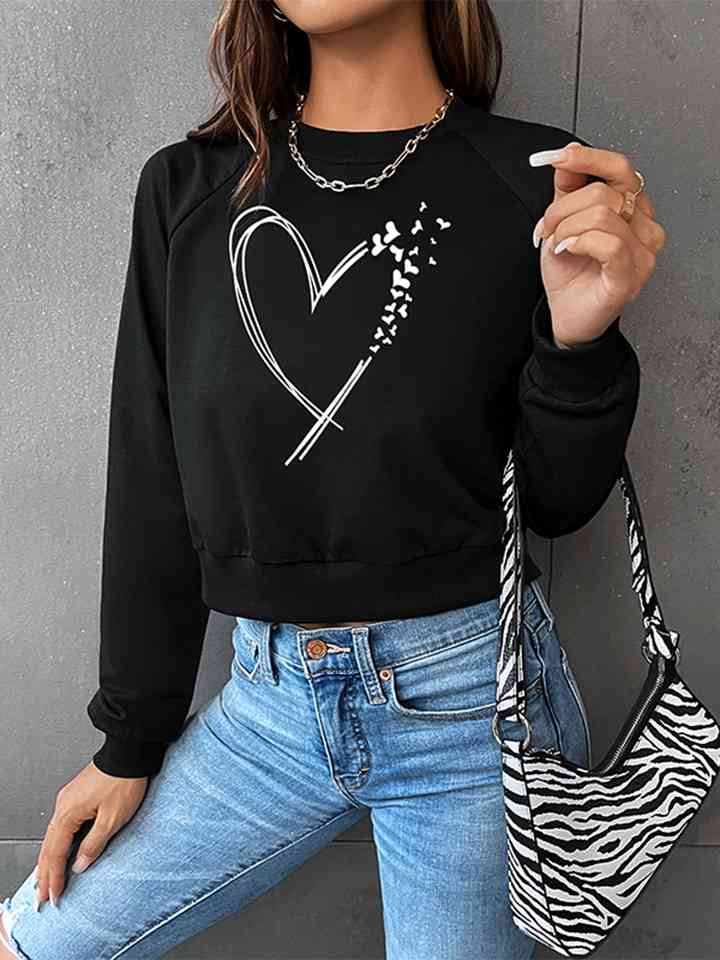 Round Neck Raglan Sleeve Heart Graphic Sweatshirt |1mrk.com