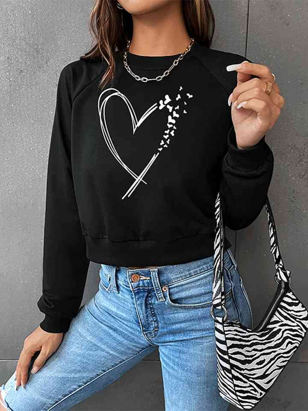 Round Neck Raglan Sleeve Heart Graphic Sweatshirt |1mrk.com