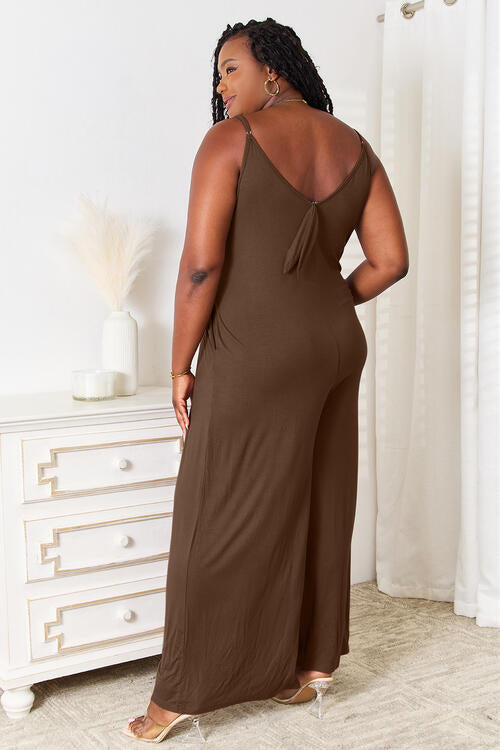 Double Take Full Size Soft Rayon Spaghetti Strap Tied Wide Leg Jumpsuit | 1mrk.com