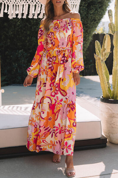 Printed Off-Shoulder Balloon Sleeve Maxi Dress |1mrk.com