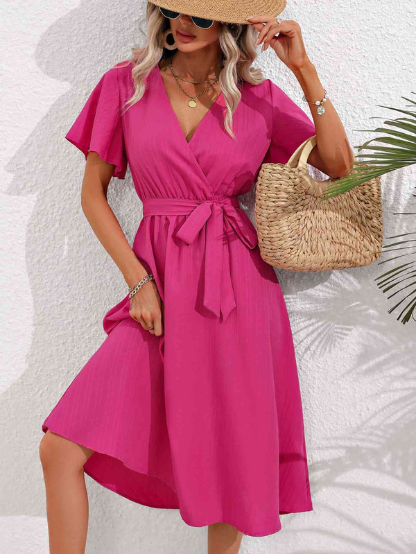 Surplice Neck Tie Belt Midi Dress |1mrk.com