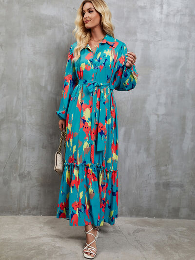 Frill Tied Printed Balloon Sleeve Dress |1mrk.com