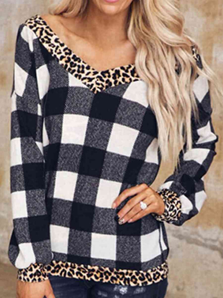 Plaid Leopard V-Neck Sweatshirt |1mrk.com