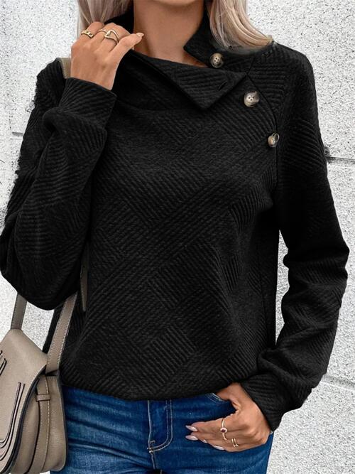 Buttoned Mock Neck Long Sleeve Sweatshirt |1mrk.com