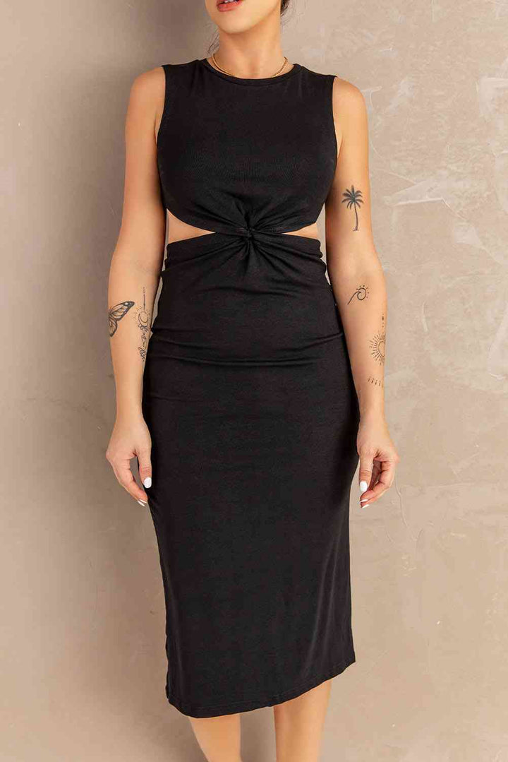 Twist Front Cutout Sleeveless Midi Dress |1mrk.com