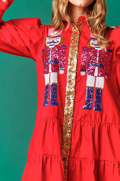 Full Size Nutcracker Sequin Lantern Sleeve Tiered Dress |1mrk.com