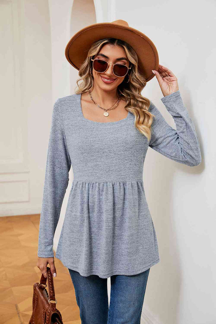 Square Neck Long Sleeve Peplum Top | 1mrk.com