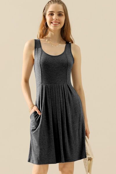 Doublju Full Size Round Neck Ruched Sleeveless Dress with Pockets |1mrk.com