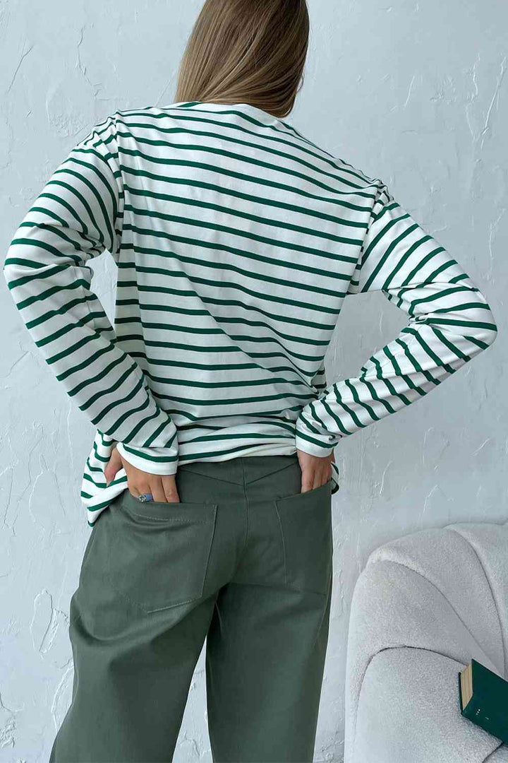 Round Neck Striped Dropped Shoulder T-Shirt | 1mrk.com