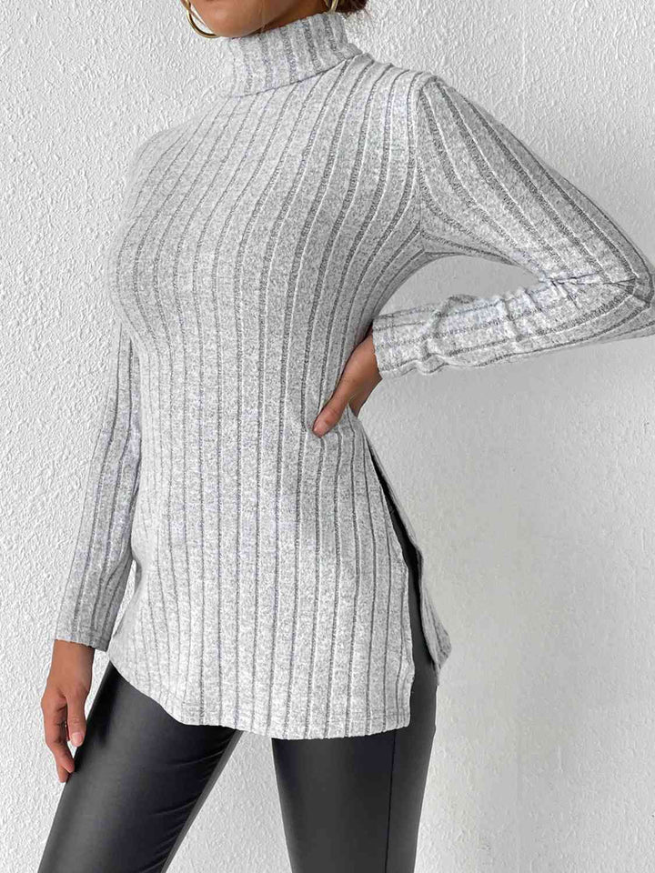 Ribbed Turtleneck Long Sleeve Slit T-Shirt | 1mrk.com