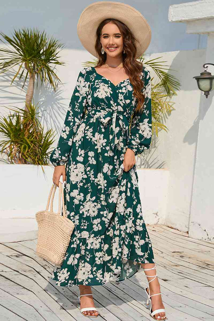 Floral Print V-Neck Long Sleeve Maxi Dress |1mrk.com