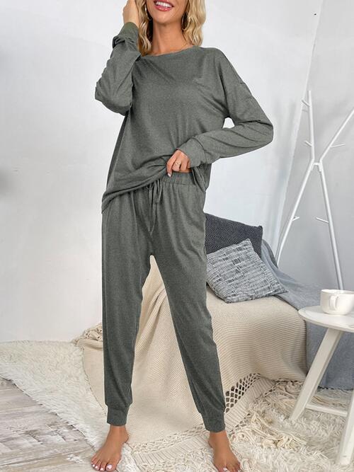 Round Neck Top and Drawstring Pants Lounge Set | 1mrk.com