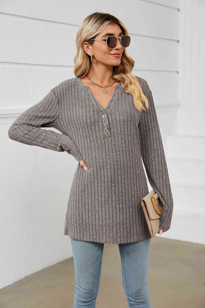 Notched Neck Ribbed Long Sleeve T-Shirt | 1mrk.com