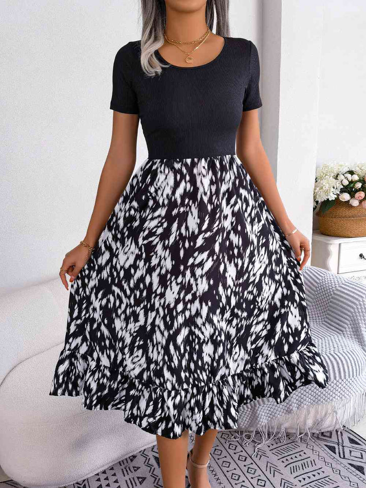 Printed Round Neck Ruffle Hem Dress |1mrk.com