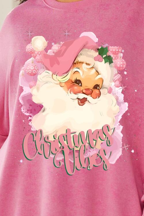 Plus Size Santa Claus Graphic Round Neck Long Sleeve Slit Sweatshirt |1mrk.com