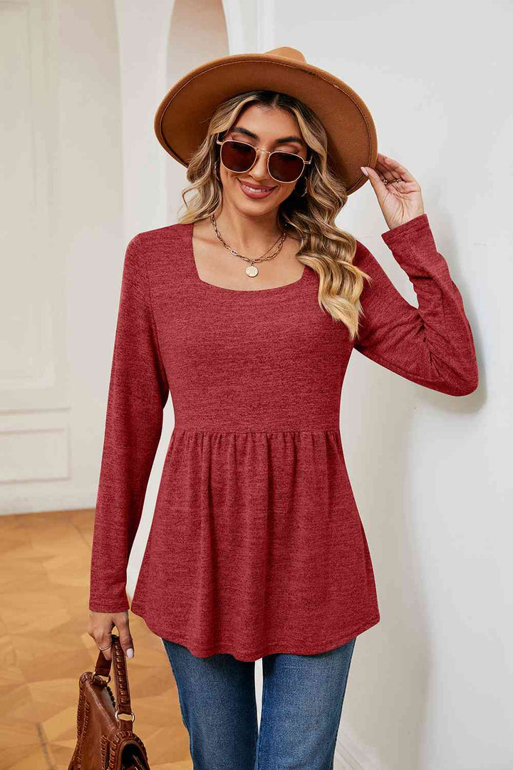 Square Neck Long Sleeve Peplum Top | 1mrk.com