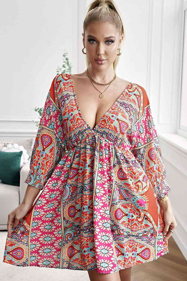 Printed Plunge Tie-Back Babydoll Dress |1mrk.com