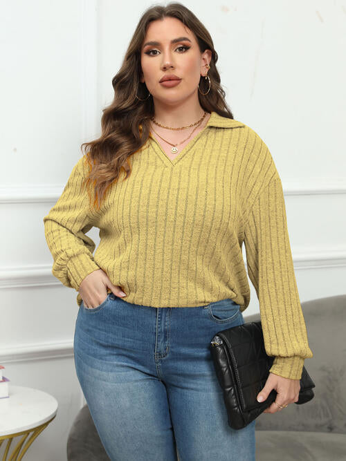 Plus Size Ribbed Collared Neck Long Sleeve Blouse | 1mrk.com