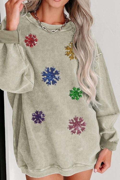 Sequin Snowflake Round Neck Sweatshirt | Trendsi