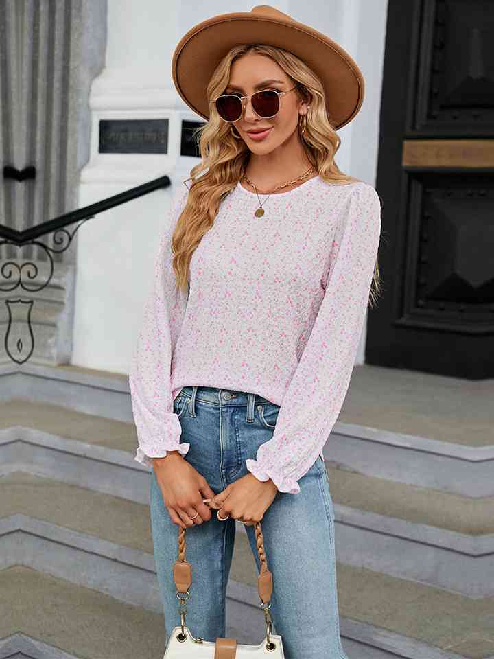 Printed Round Neck Flounce Sleeve Blouse | 1mrk.com