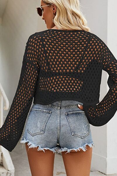 Openwork Round Neck Dropped Shoulder Knit Top |1mrk.com