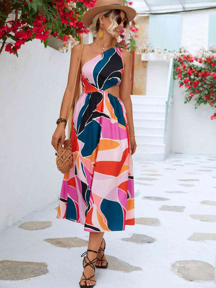 Printed Cutout One-Shoulder Sleeveless Dress |1mrk.com