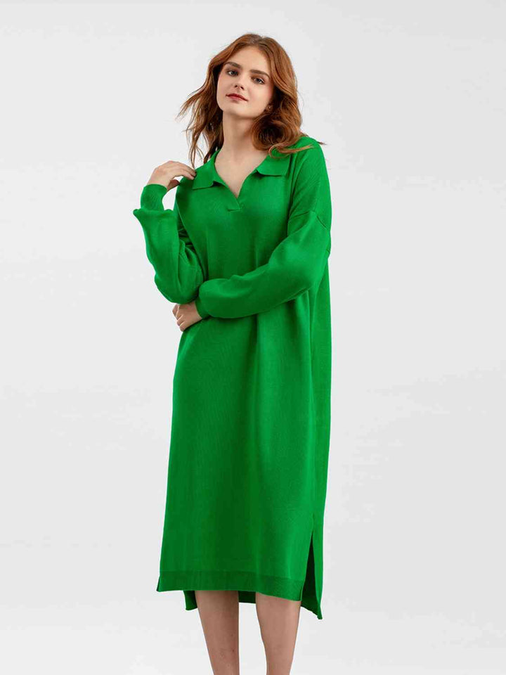 Johnny Collar Long Sleeve Slit Sweater Dress |1mrk.com