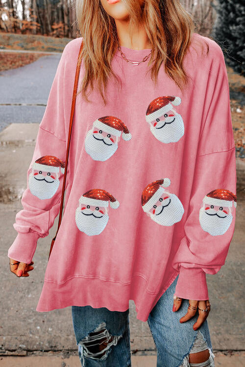 Sequin Santa Round Neck Slit Sweatshirt |1mrk.com