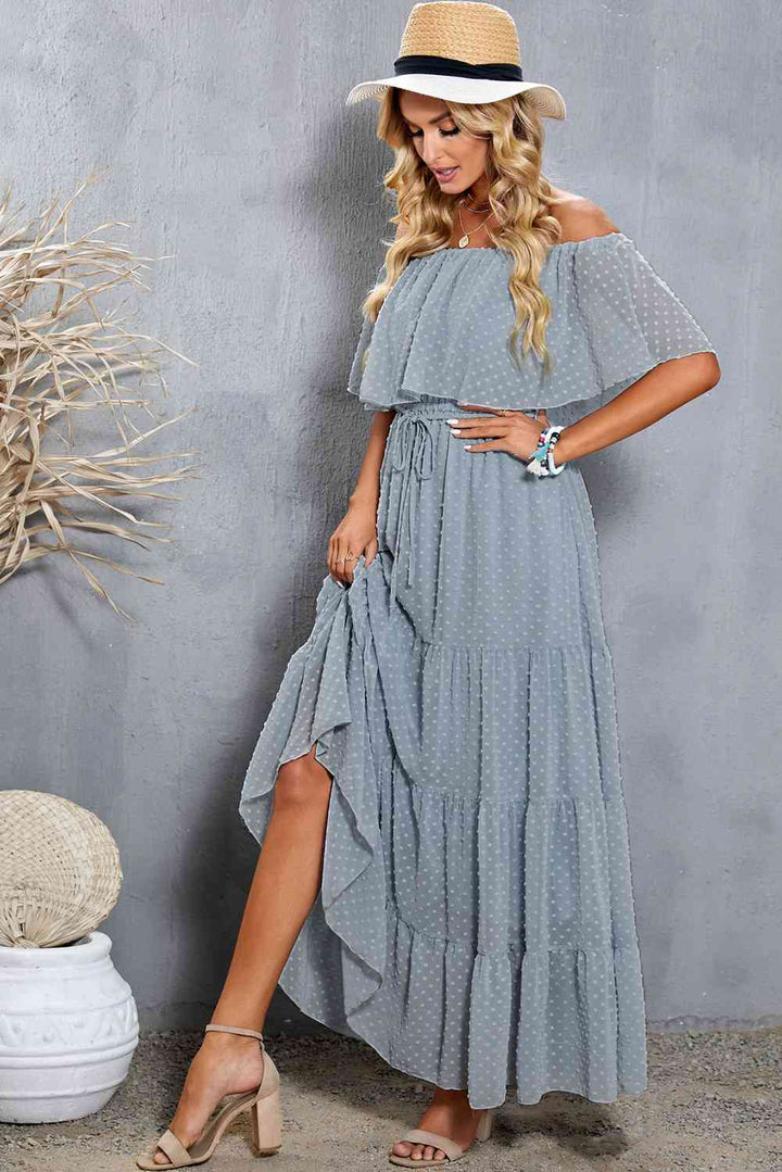 Swiss Dot Off-Shoulder Tiered Maxi Dress |1mrk.com