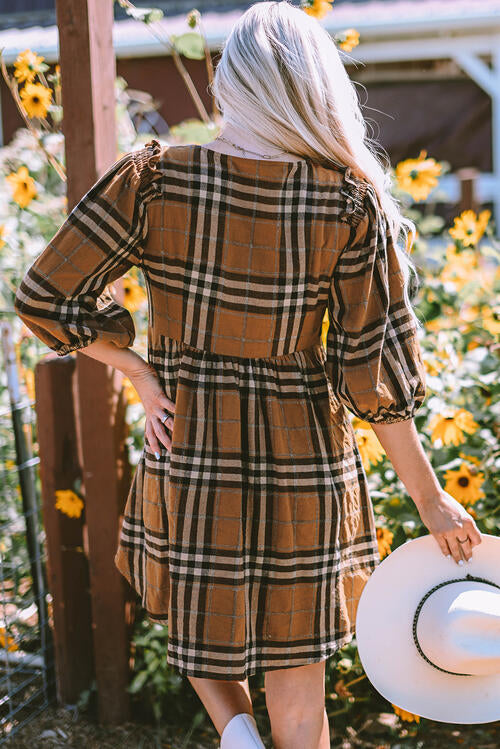 Plaid V-Neck Balloon Sleeve Dress |1mrk.com