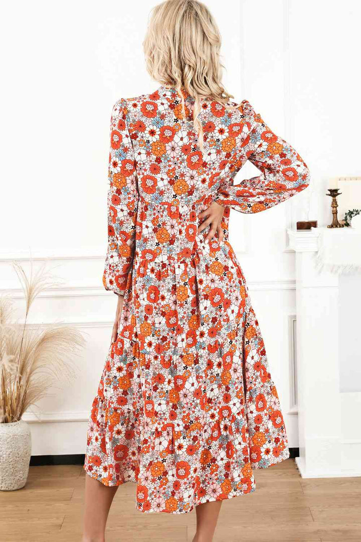 Floral Notched Neck Long Sleeve Dress |1mrk.com