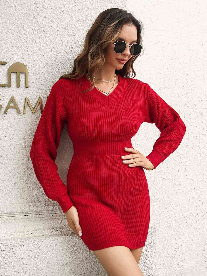 Rib-Knit V-Neck Sweater Dress | 1mrk.com