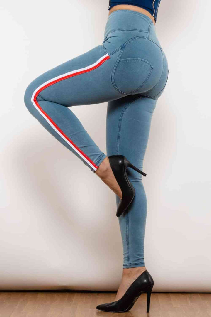 Side Stripe Contrast Zip Closure Skinny Jeans | 1mrk.com