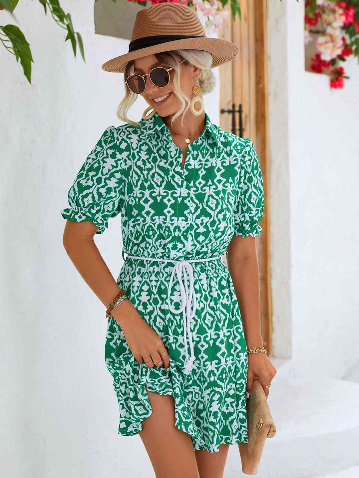 Printed Tie Waist Collared Flounce Sleeve Dress |1mrk.com