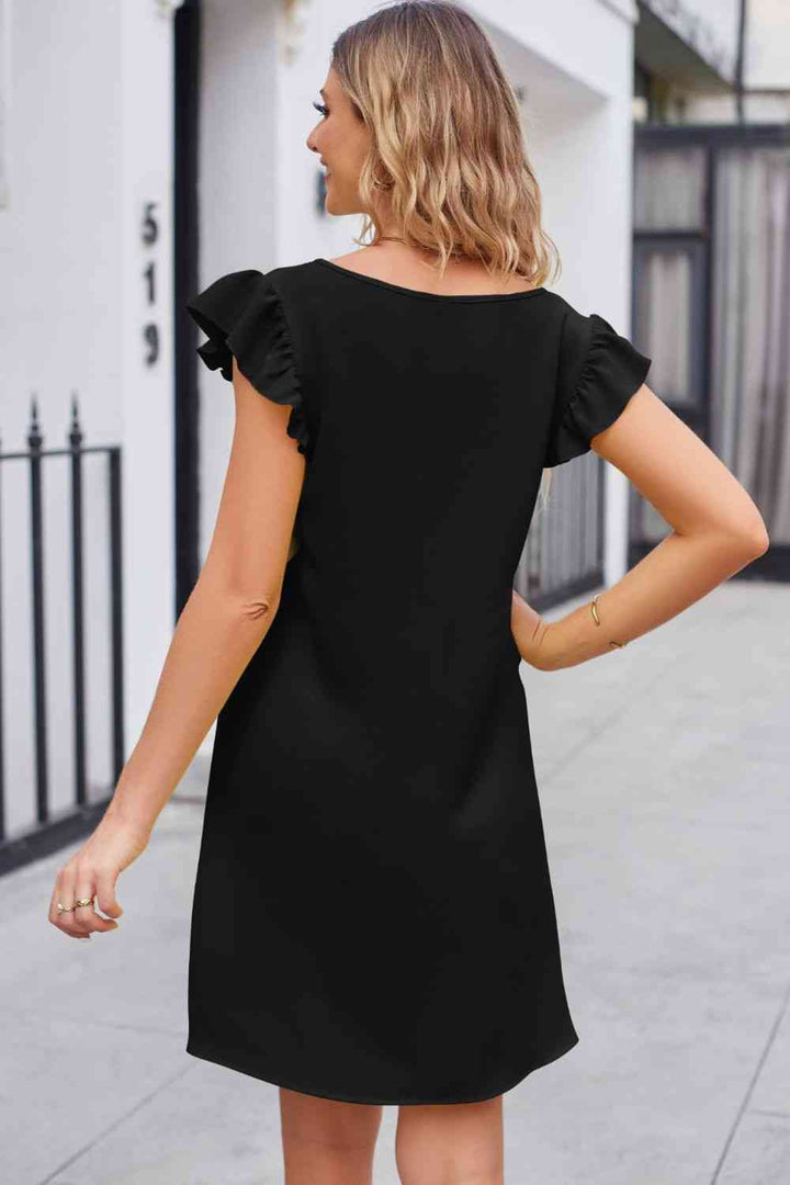 Ruffled V-Neck Flutter Sleeve Dress |1mrk.com