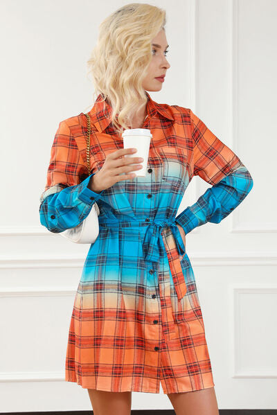 Plaid Button Up Tie-Waist Dress |1mrk.com