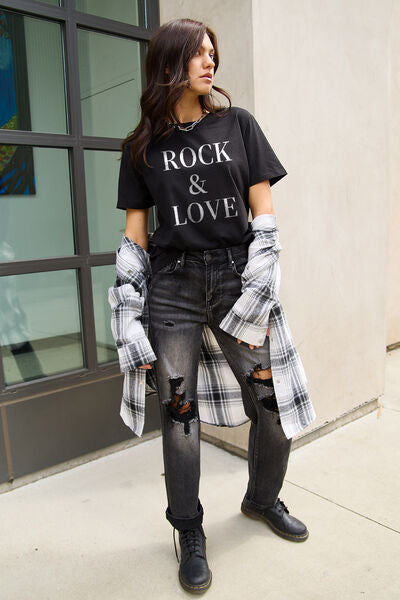 Simply Love Full Size ROCK ＆ LOVE Short Sleeve T-Shirt | Trendsi