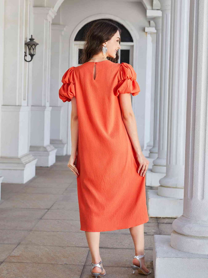 Round Neck Bubble Sleeve Straight Hem Midi Dress |1mrk.com