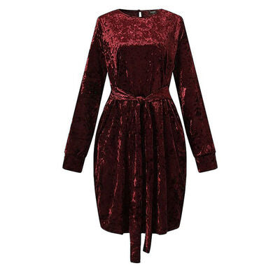 Tied Round Neck Long Sleeve Dress |1mrk.com