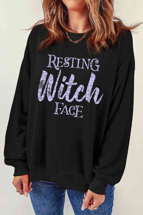 Round Neck Long Sleeve RESTING WITCH FACE Graphic Sweatshirt |1mrk.com