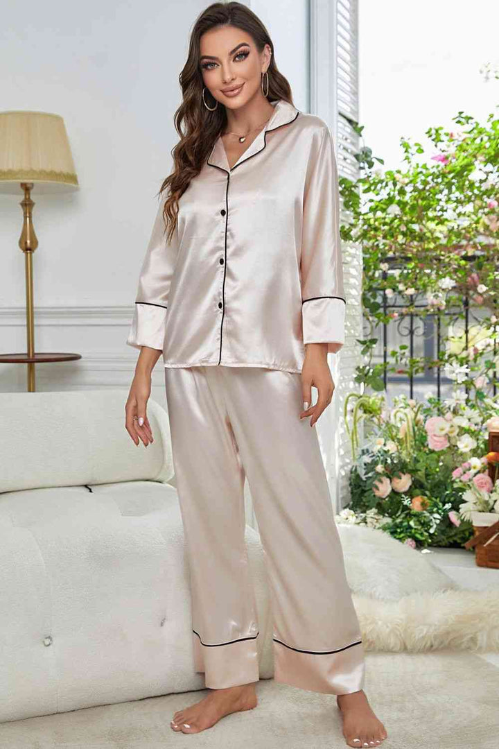 Contrast Piping Button-Up Top and Pants Pajama Set | 1mrk.com