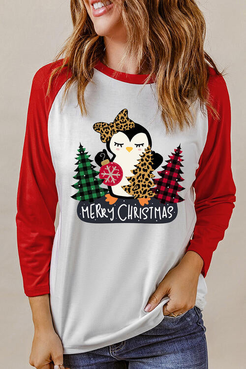 MERRY CHRISTMAS Penguin Round Neck Long Sleeve T-Shirt | 1mrk.com