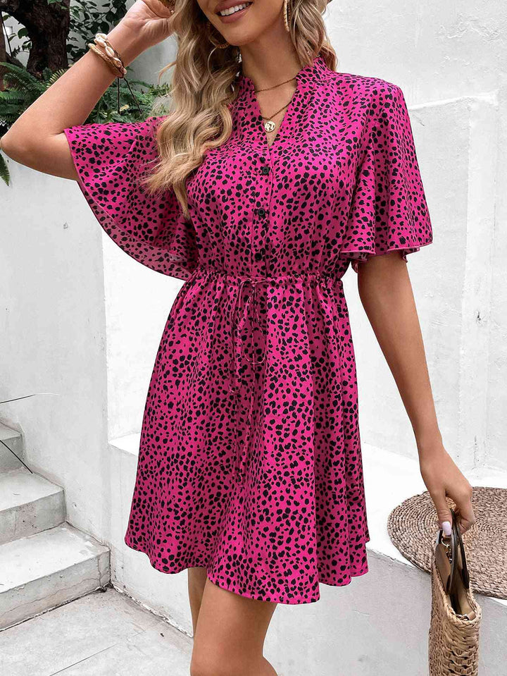 Printed Drawstring Waist Flutter Sleeve Dress |1mrk.com