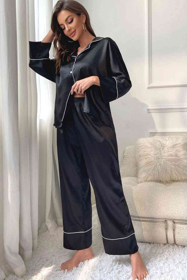 Contrast Piping Button-Up Top and Pants Pajama Set | 1mrk.com