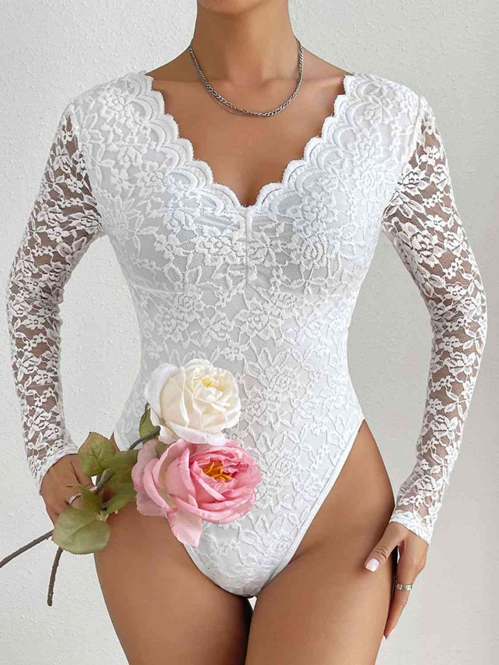 V-Neck Long Sleeve Lace Trim Bodysuit | 1mrk.com