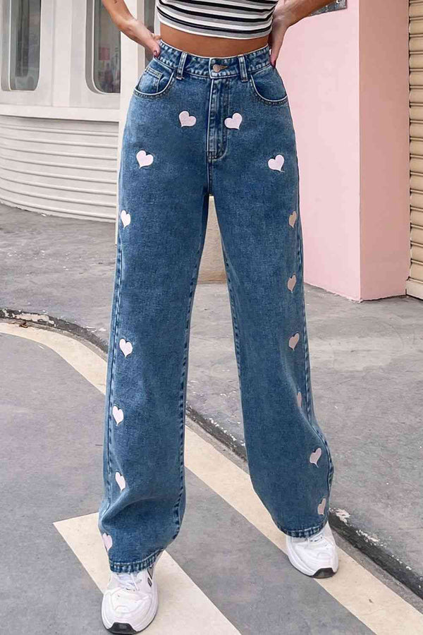 Heart Print Buttoned Jeans | 1mrk.com