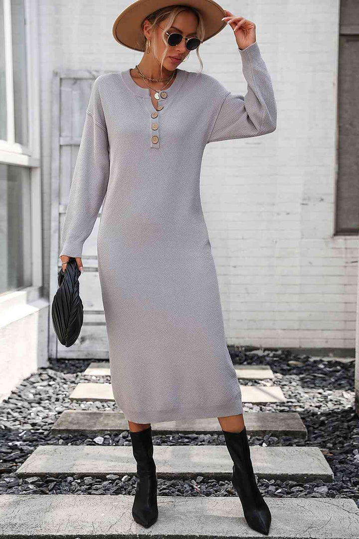 Notched Neck Dropped Shoulder Button-Down Midi Dress | 1mrk.com