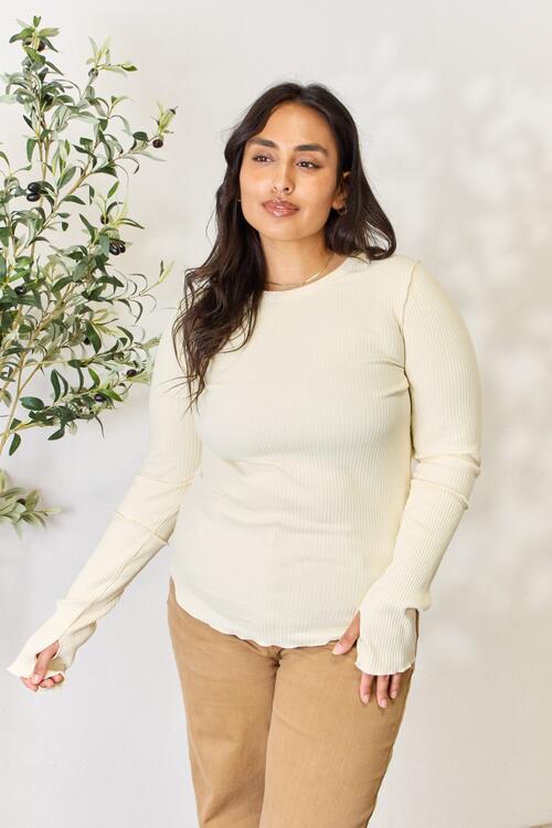 Culture Code Full Size Ribbed Round Neck Long Sleeve Top | 1mrk.com