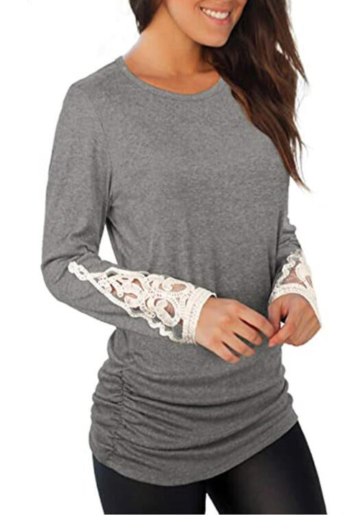 Lace Detail Long Sleeve Round Neck T-Shirt | 1mrk.com