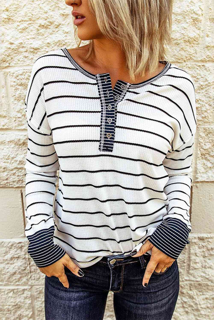 Striped Waffle Knit Henley Long Sleeve Top | 1mrk.com